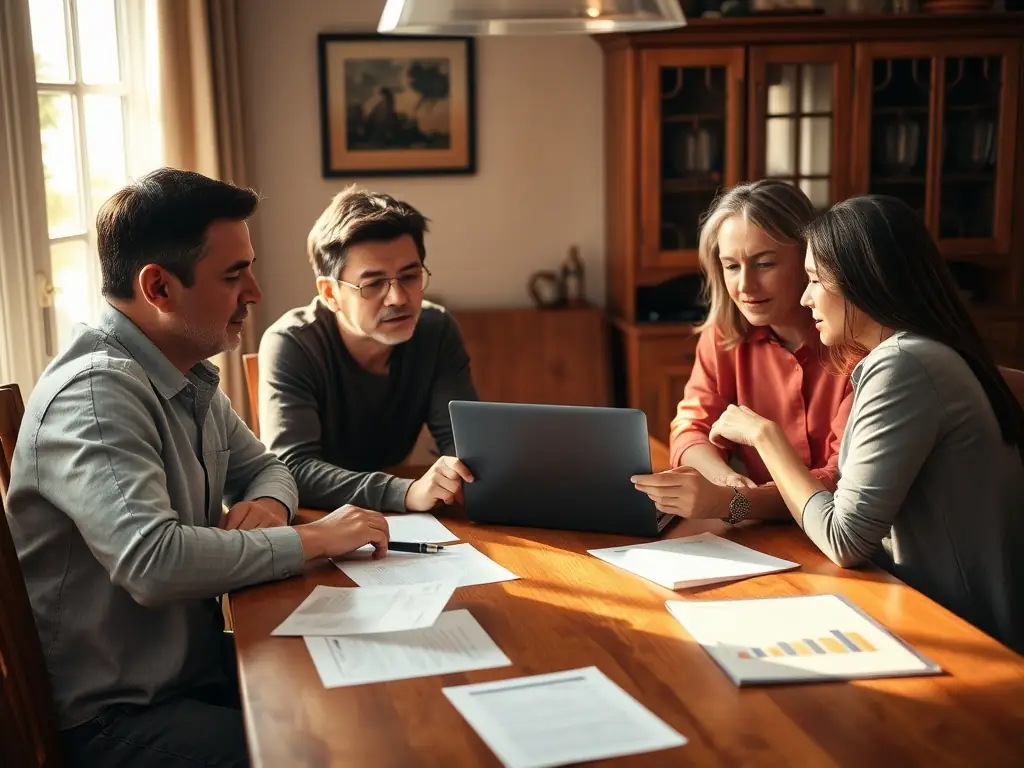 A South African family is gathered around a table, reviewing their financial plan with a consultant, discussing long-term goals and retirement options.