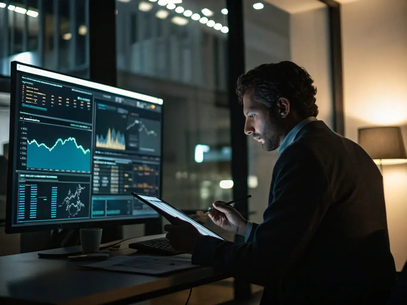 An image of a financial advisor analyzing investment charts with a South African cityscape in the background, symbolizing tailored investment strategies for the local market.