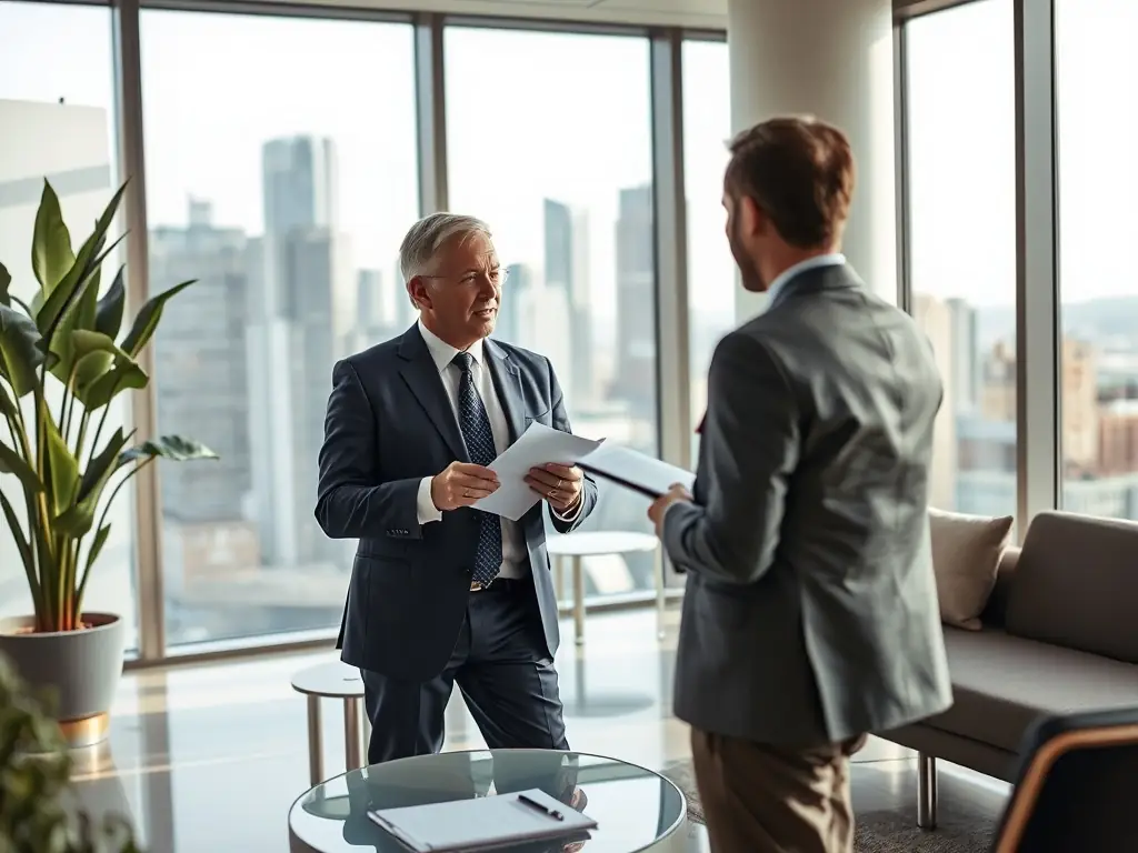 A professional South African financial consultant is meeting with a client in a modern office, discussing investment options and strategies, with Johannesburg skyline visible through the window.