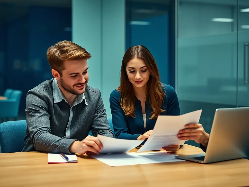 A couple reviewing financial documents with a consultant in a modern office, illustrating financial planning and advisory services.